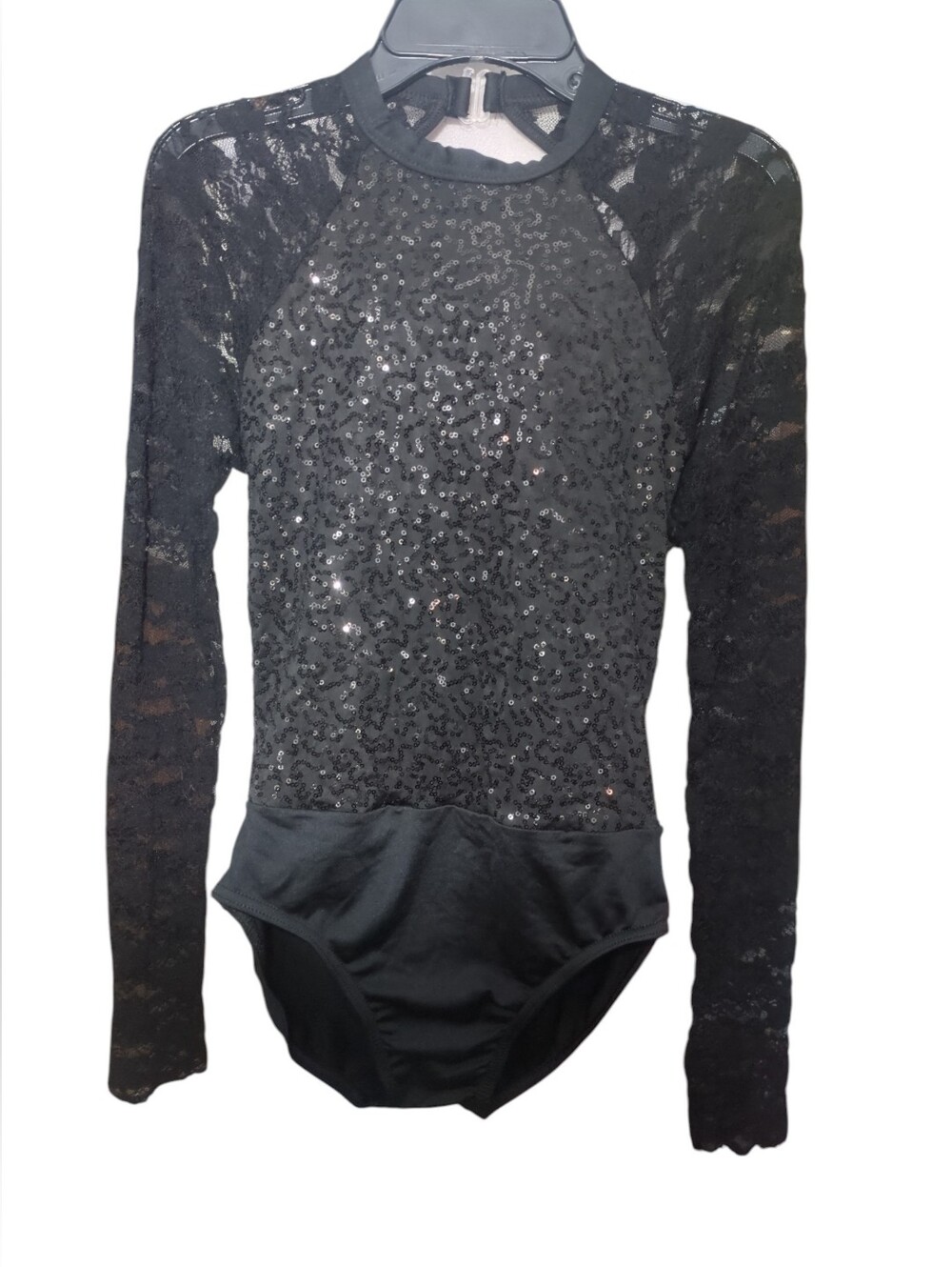 Weissman Black Sequin Lace Long-Sleeve One-Piece Bodysuit